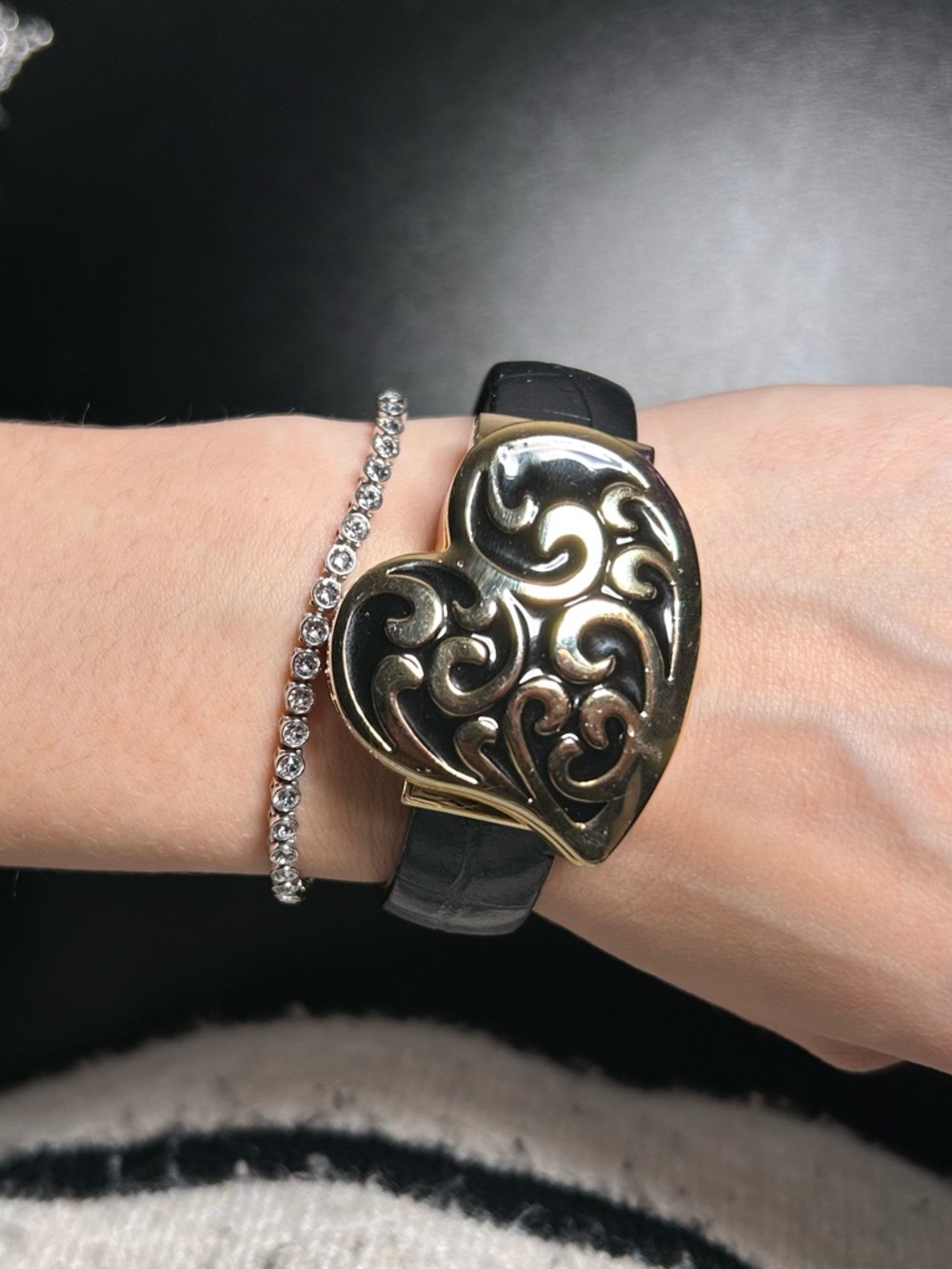 Susan Graver Gold-Tone Heart Watch with Black Genuine Leather Strap